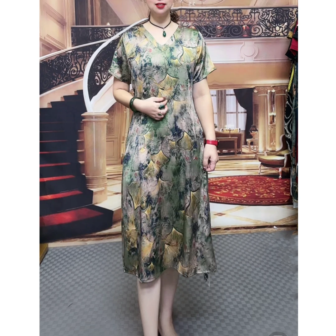 7003 夏季气质杏叶印花时尚中长款连衣裙V领优雅百搭裙子