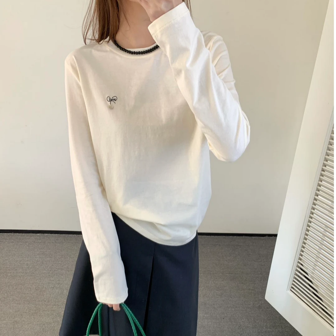 ZHANG&RR 韩系百搭宽松精致小刺绣打底长袖T恤 1097