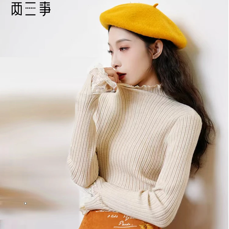 【两三事】1青衫蕾丝打底内搭经典高领打底衫套头复古拼接时尚