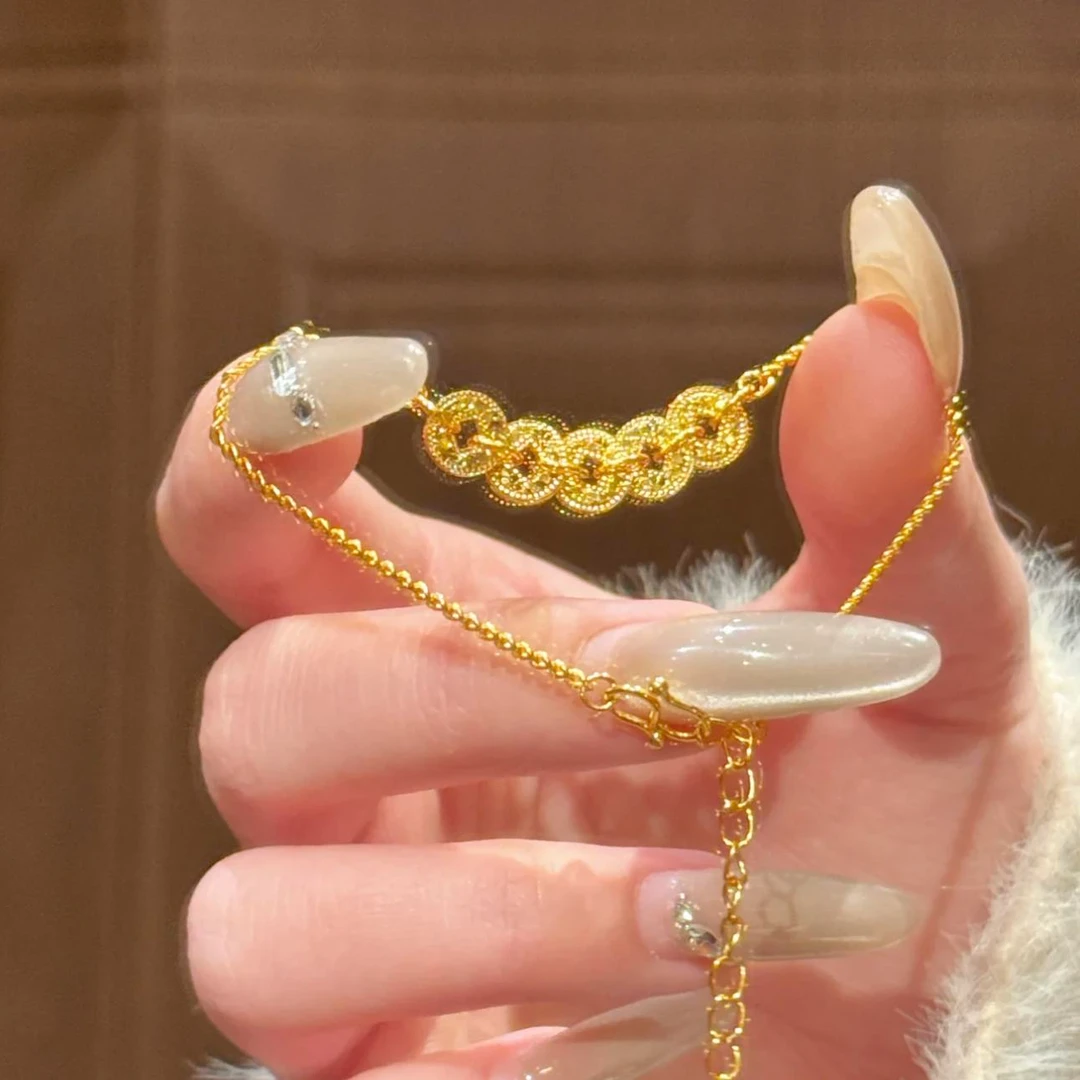 铜合金手链 金色爆闪碎碎冰五帝钱手链女新款高级感轻奢首饰