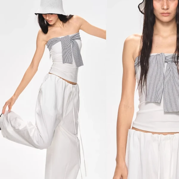 curri and 夏季新款复古露背条纹绑带拼接设计感抹胸修身显瘦上衣