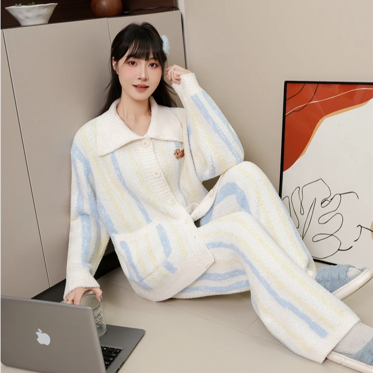 2025新款睡衣女秋冬季半边绒加绒加厚毛绒休闲气质冬天家居服套装