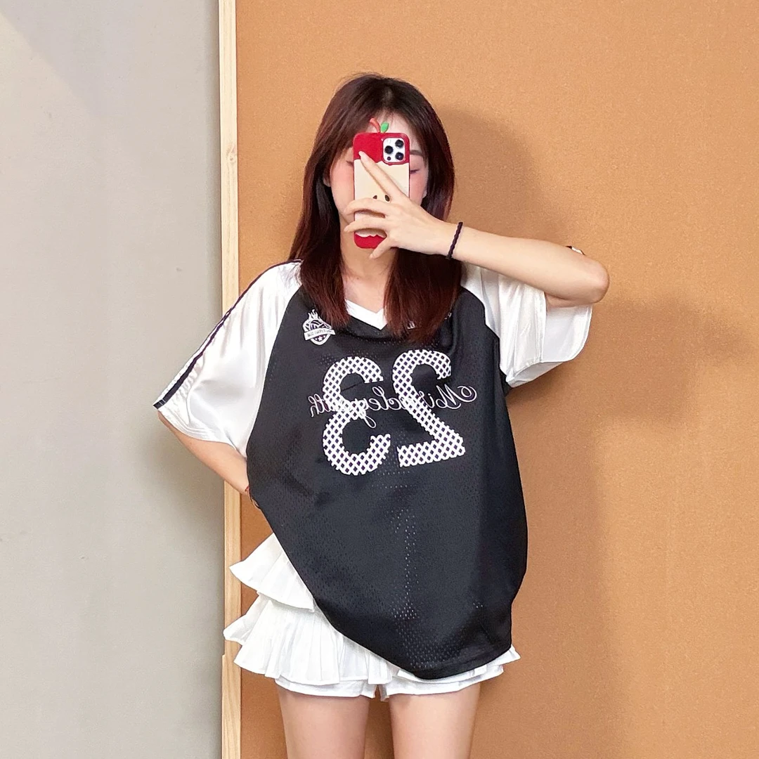 宽松型美式休闲修身型印花T恤潮流撞色夏季球衣韩版上衣女款