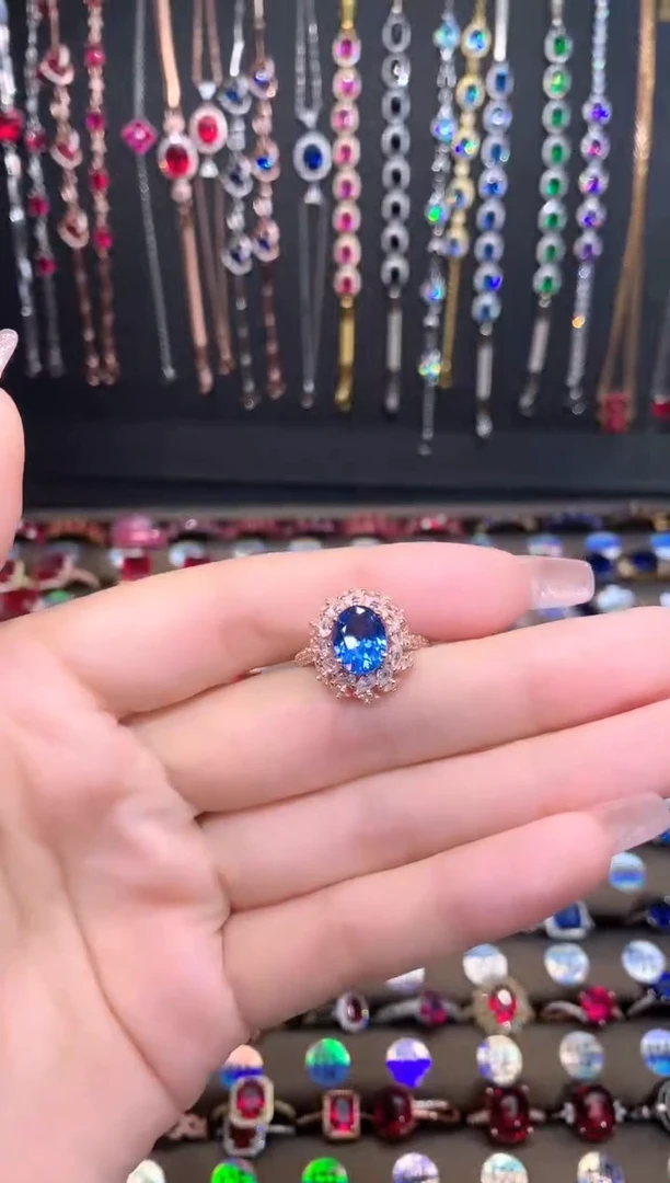 蓝宝石戒指银S925镶嵌玫瑰金7.9矢车菊