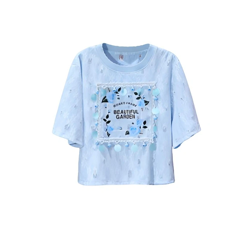 【韩哥女装】夏季天丝凉感BABY蓝勾花蕾丝时尚休闲短款T恤7881-C6