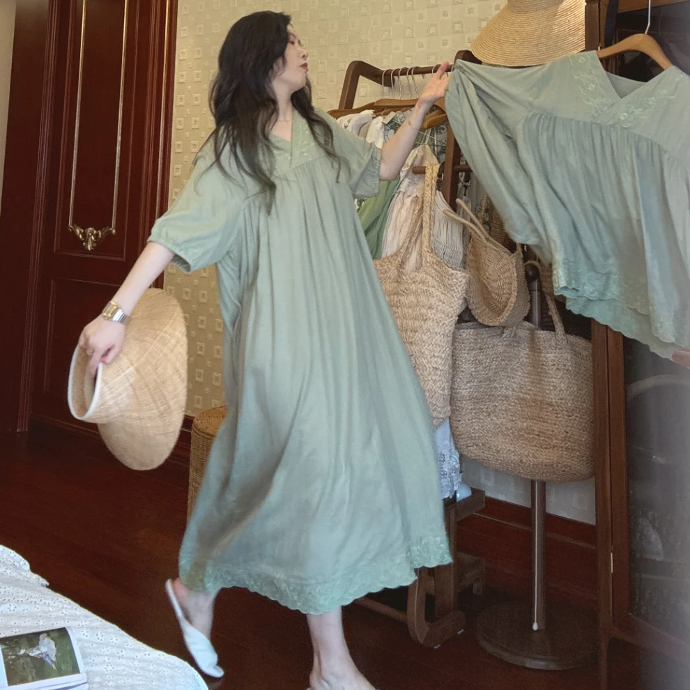 睡衣女款夏季宽松短袖短裤套装2025新款竹纤维刺绣花边居家连衣裙