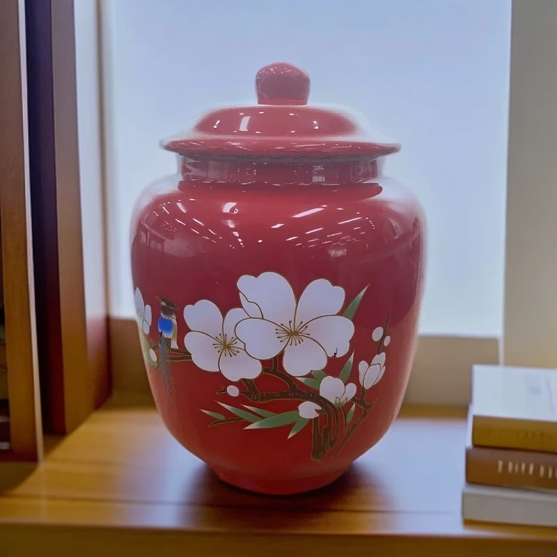 【景宝元陶瓷】景德镇红地桃子茶叶罐XD