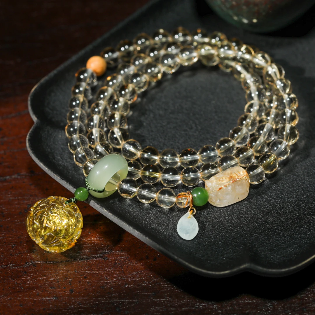 【意婵】山海说|天然黄水晶多圈18K金琥珀雕花和田玉翡翠-905323