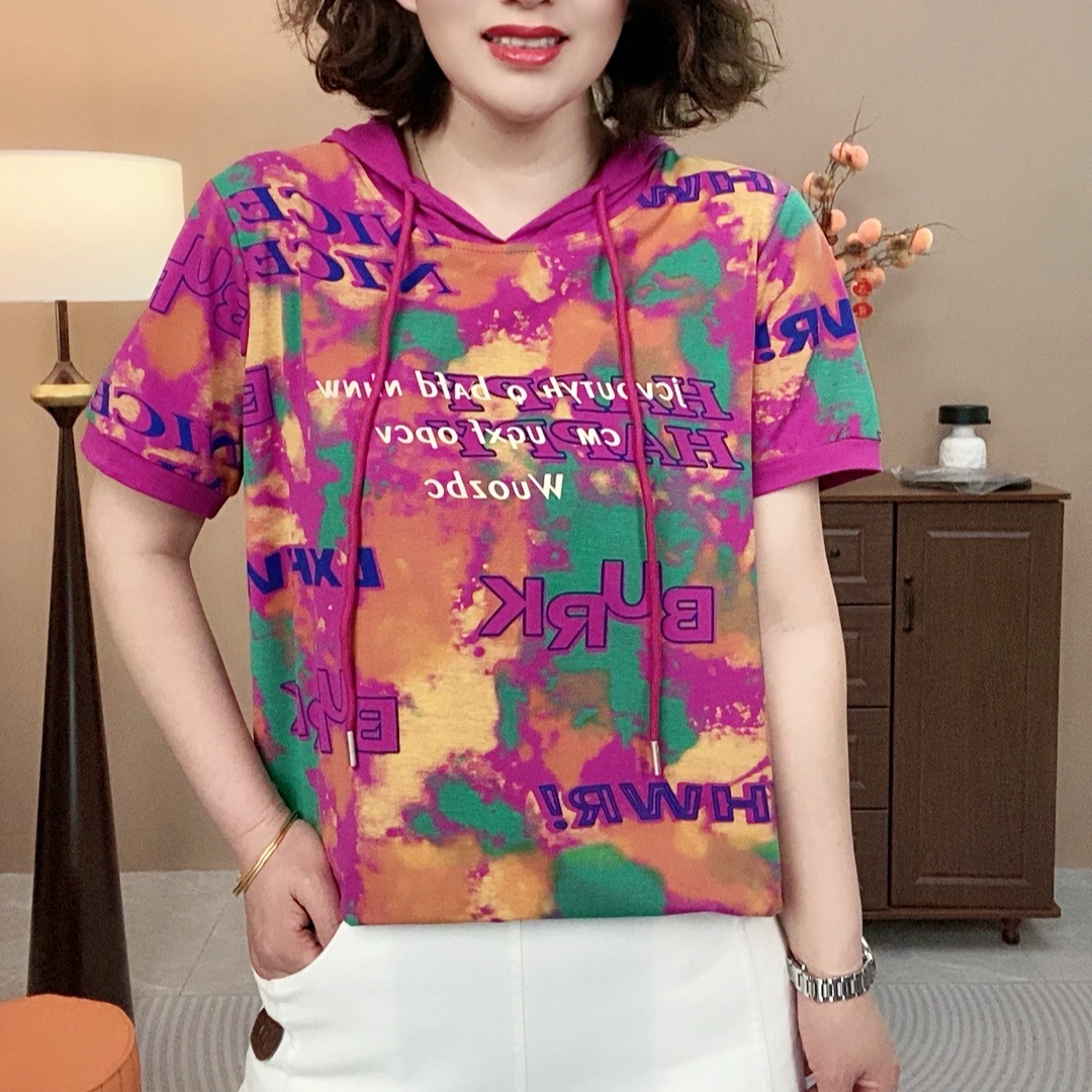 连帽休闲风常规宽松型短袖T恤减龄夏季时尚扎染宽松女士套头2003