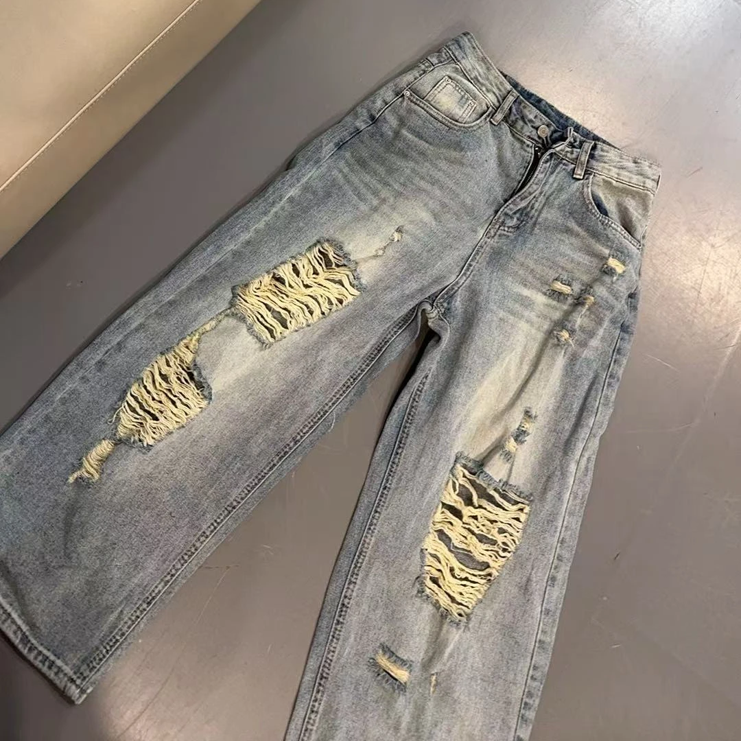 【文乐乐】夏季新款韩版个性做旧破洞时尚休闲潮流百搭牛仔裤89917