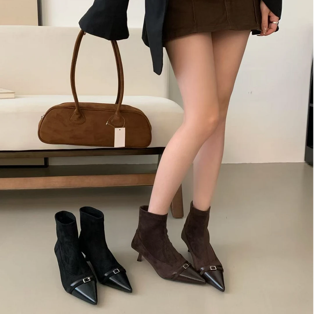 秋冬新款韩版通勤瘦瘦简约细跟裸靴短靴69X9011（薄绒）