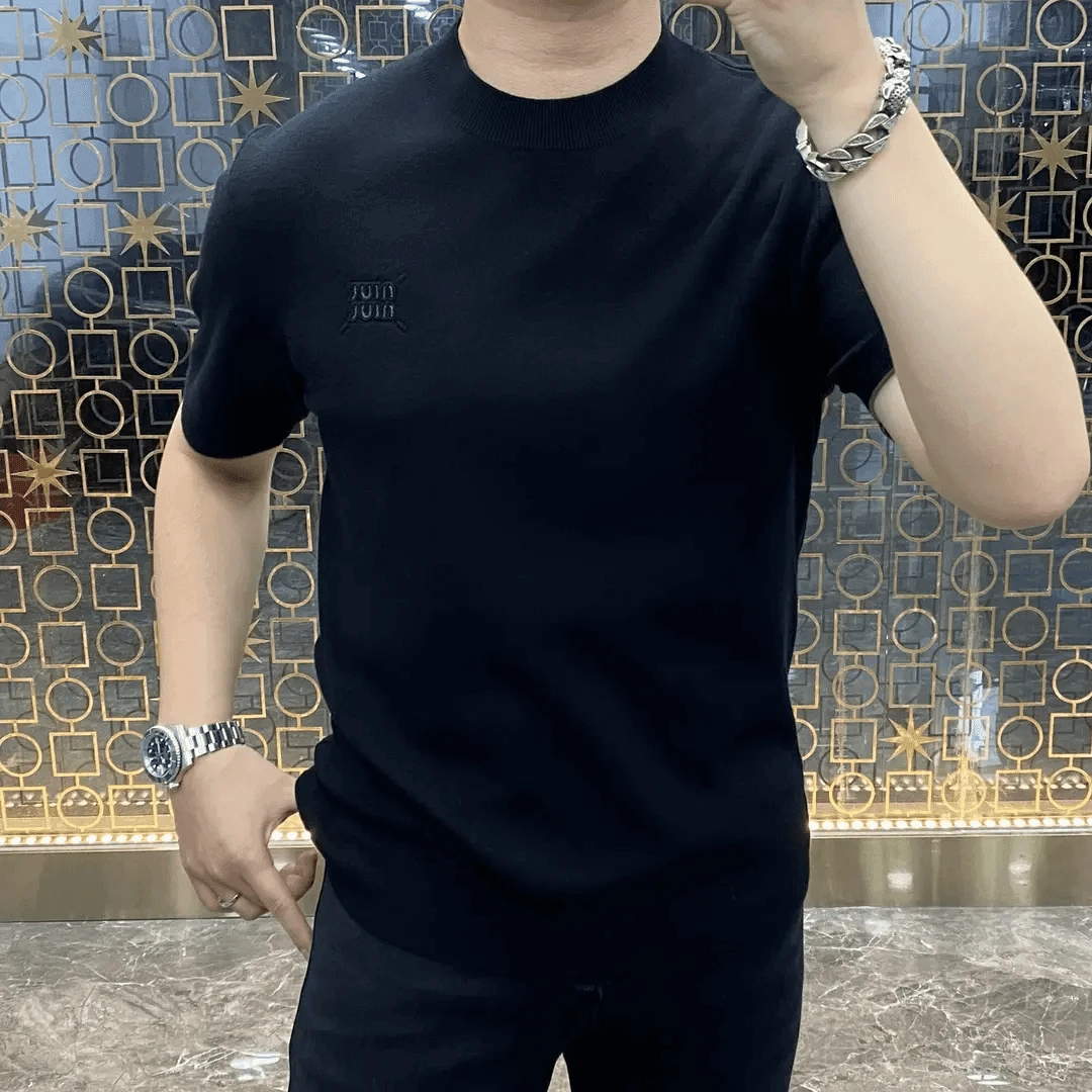 春秋冬加厚高级感男装针织短袖男压花简约显瘦针织毛衣打底衫潮流