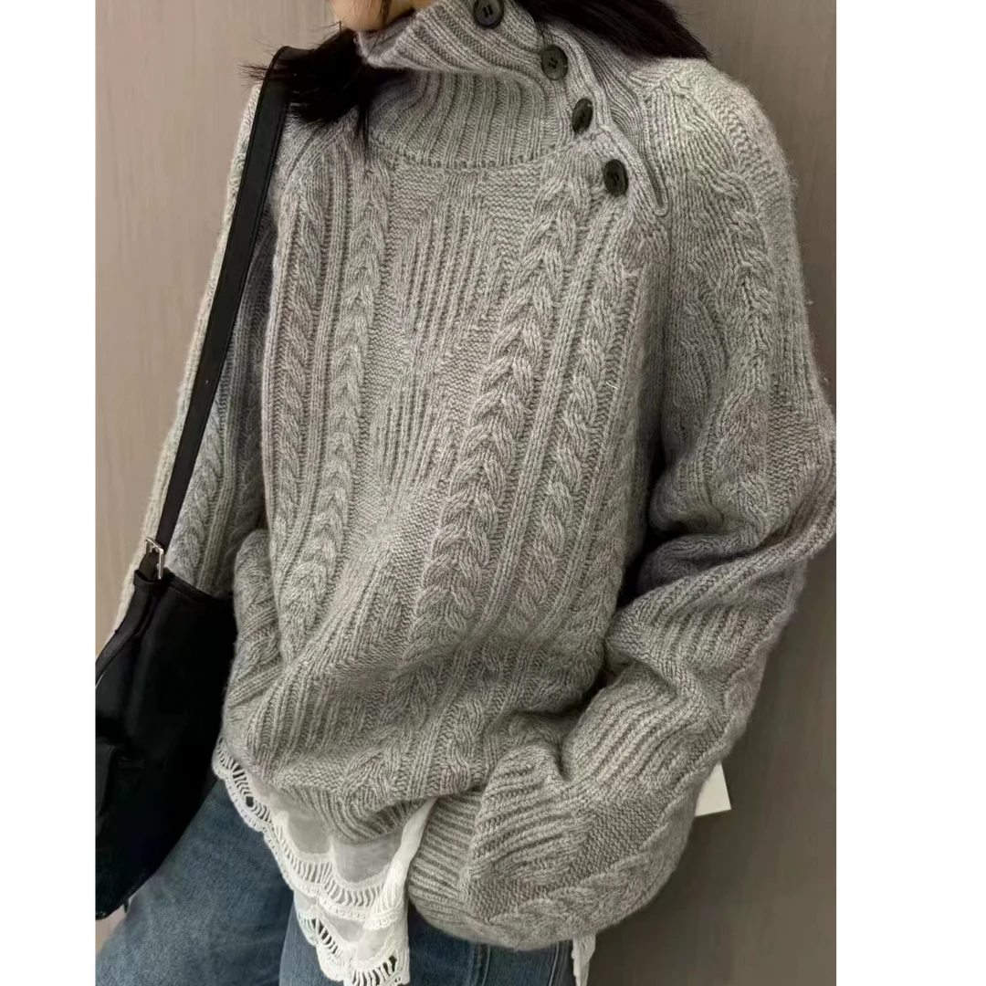 【专属】~灰色立领套头针织衫慵懒风百搭宽松减龄长袖毛衣