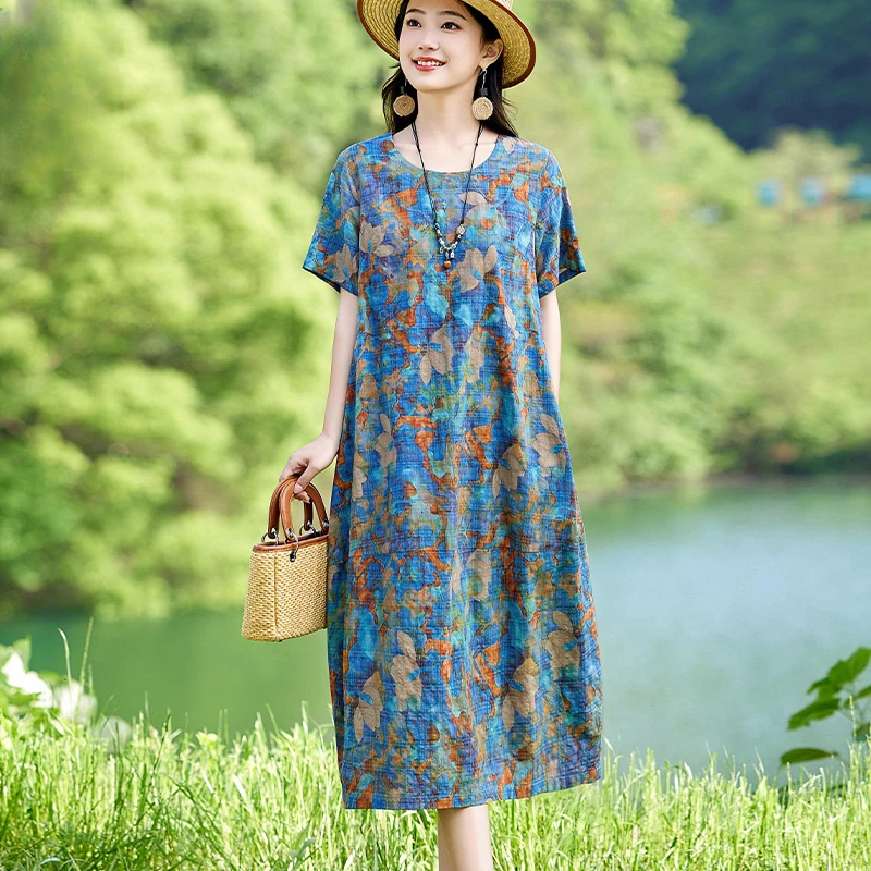 休闲棉麻连衣裙女夏季薄款2025新款宽松遮肚洋气中年妈妈印花裙子