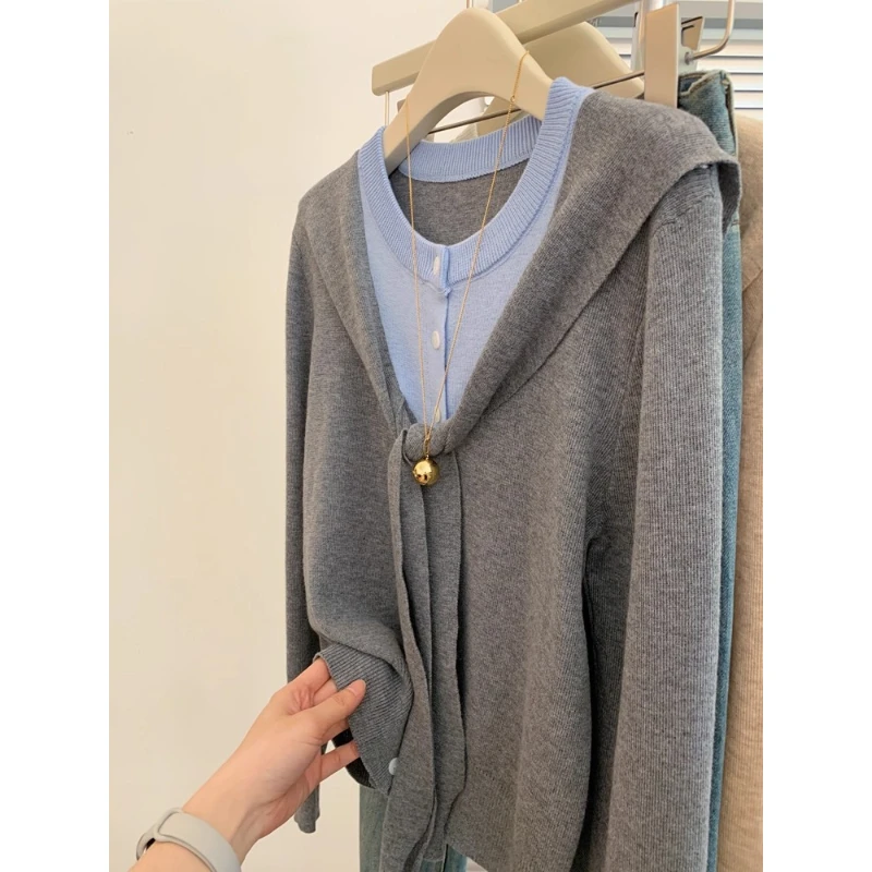 灰色假两件长袖针织衫女士薄款2025新款高级感上衣早秋氛围感穿搭