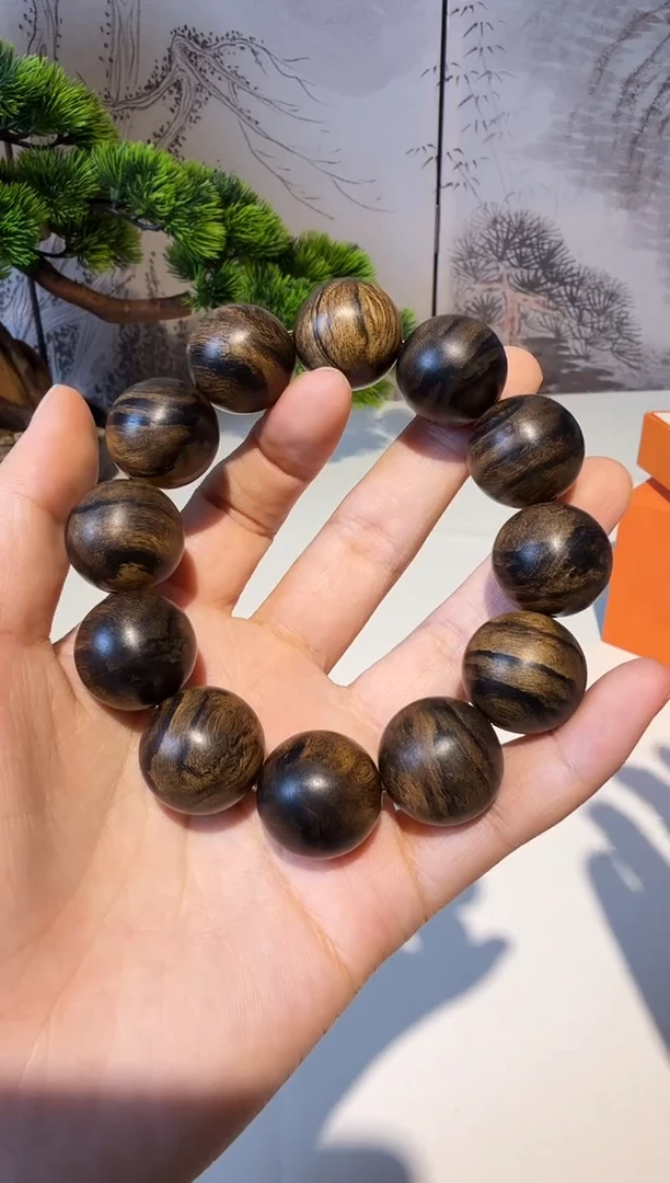 沉香手串喜鼎【臻藏】越南芽庄白奇楠虎斑纹沉水老料2.0cm单圈手串