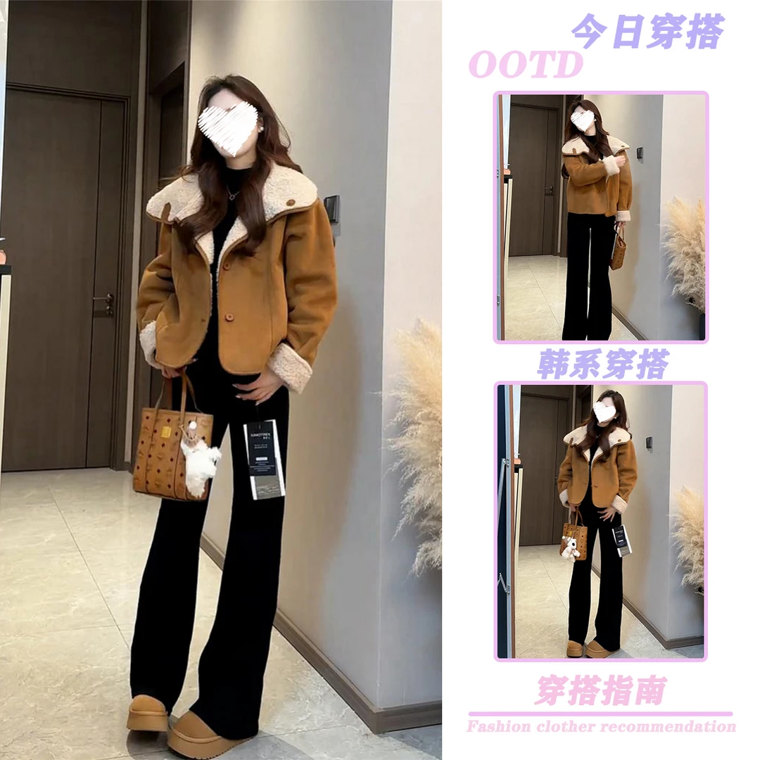 冬季新款2025韩系两面穿翻领百搭外套加绒加厚高级感毛毛短外套女