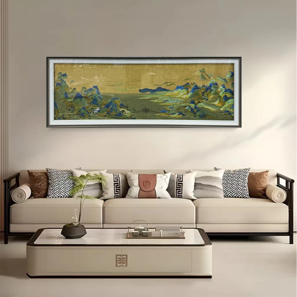 S188新中式客厅装饰画千里江山图刺绣沙发背景墙挂画锦绣轻奢璧画