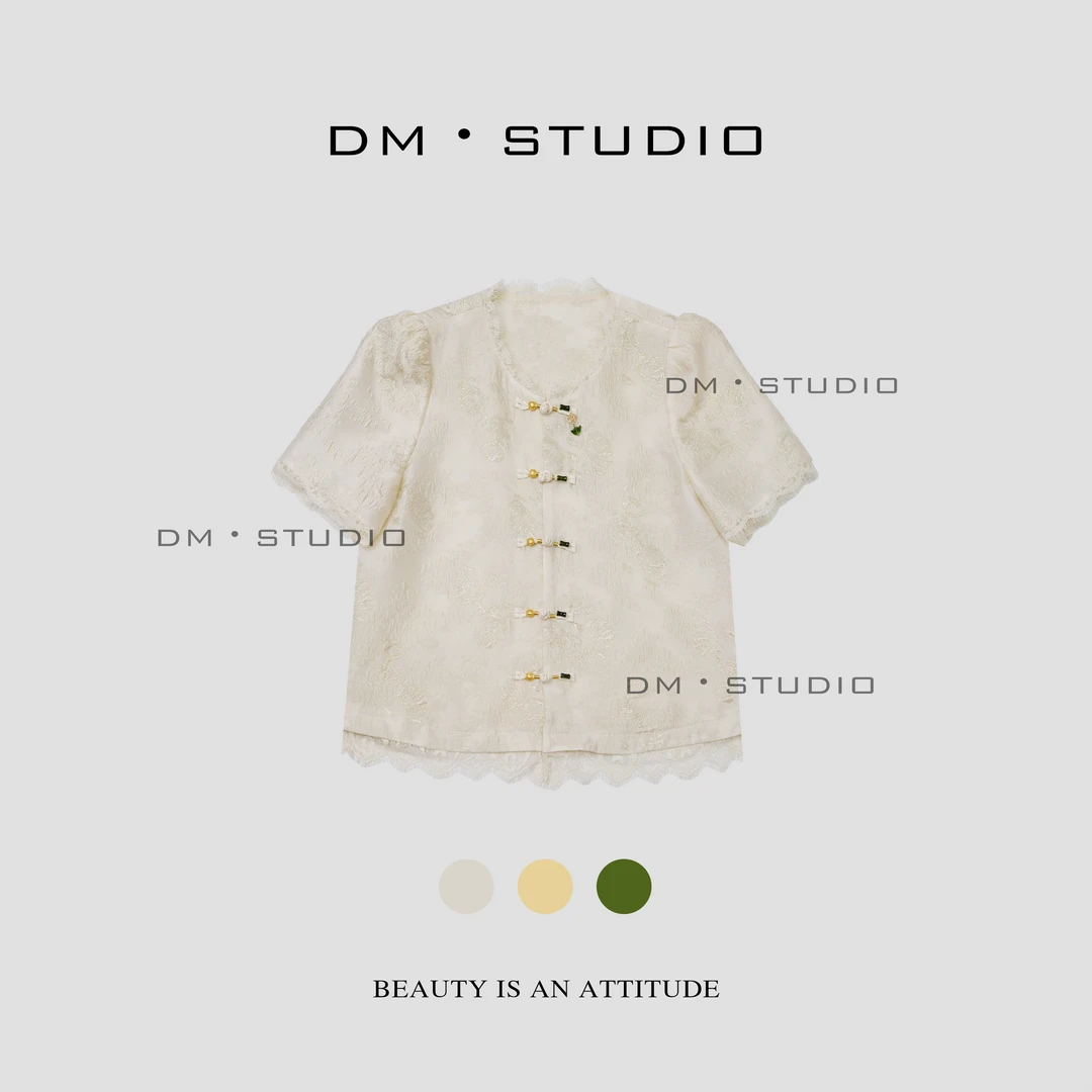 DM•STUDIO/新中式盘扣蕾丝边泡泡袖圆领短袖外套（93163x）