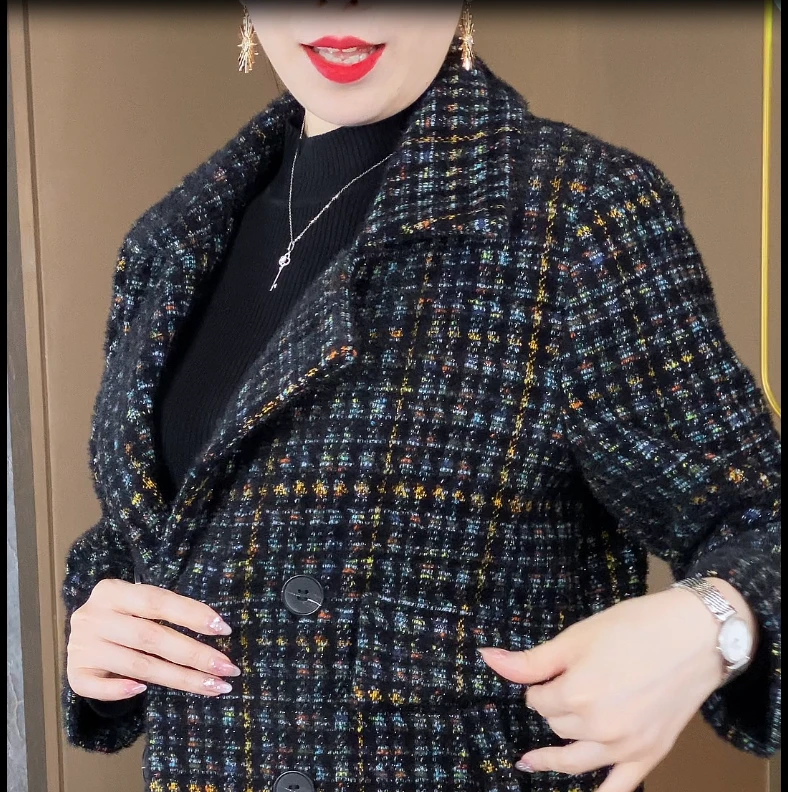 秋季西装领女装外套常规款洋气毛呢上衣时尚减龄格子中年妈妈装