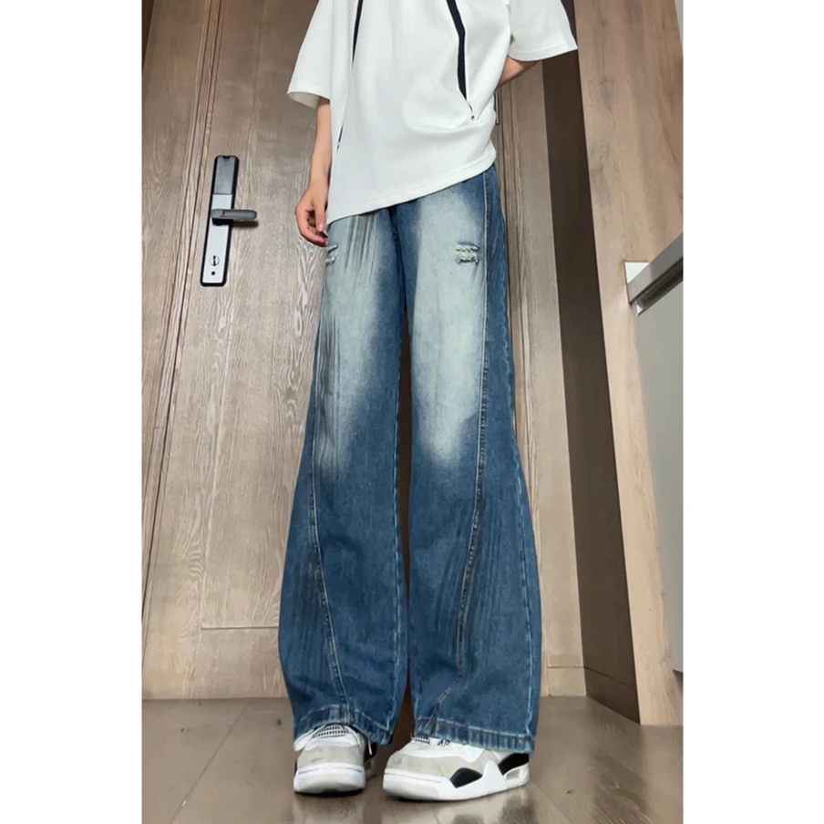 美式复古破洞阔腿牛仔裤男春秋季baggy潮牌宽松休闲小众水洗长裤