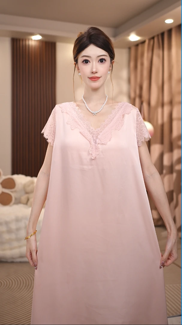 【蝶梦】夏季蕾丝带胸垫甜美纯欲风气质薄款短袖女士新款睡裙