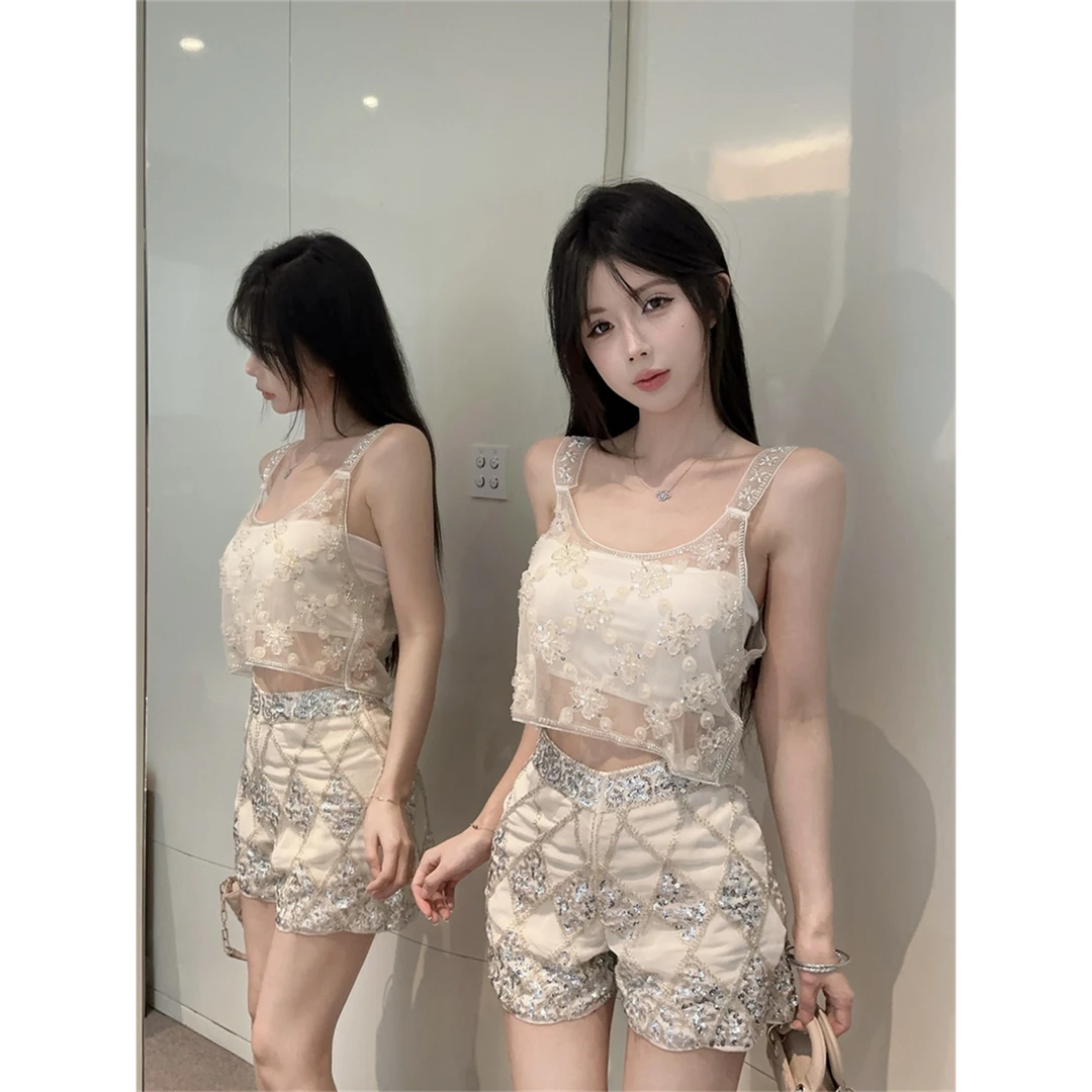 春夏独特纯欲薄款透视刺绣吊带背心女设计感叠穿绣花短款雪纺上衣