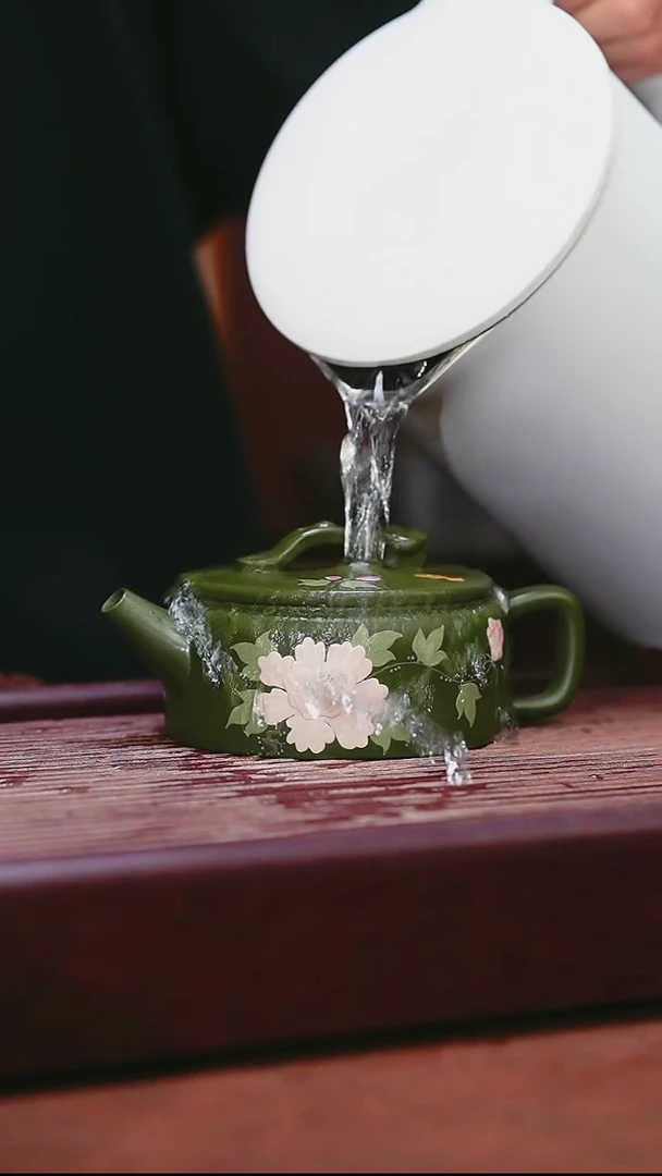 紫砂公道杯宜兴原矿紫砂  绿泥牡丹汉瓦