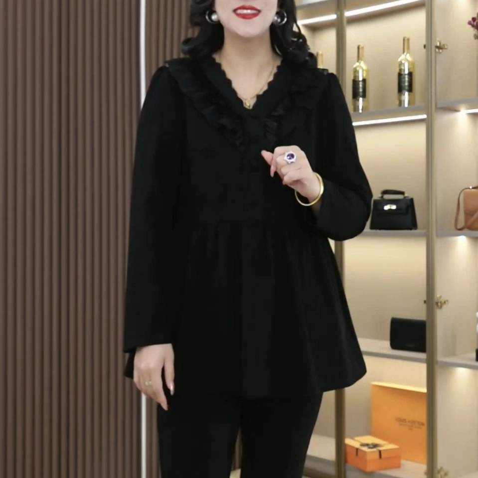 丹思慕大码女装气质时髦花边V领上衣宽松显瘦外穿长袖ZB6511