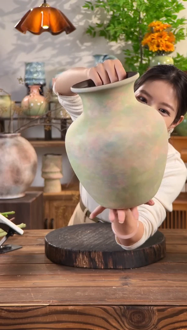 【苔点绿-大号胖肚瓶】桌面陶瓷花瓶干花鲜花客厅插花摆件