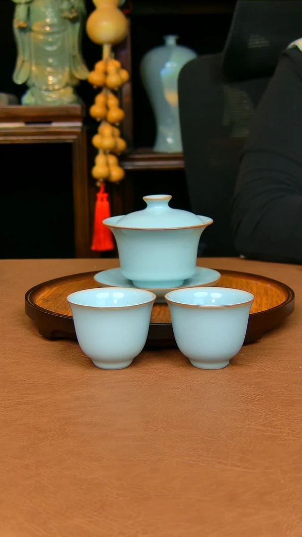 瓷片马蹄盖碗加两杯全手工原矿天青不完美
