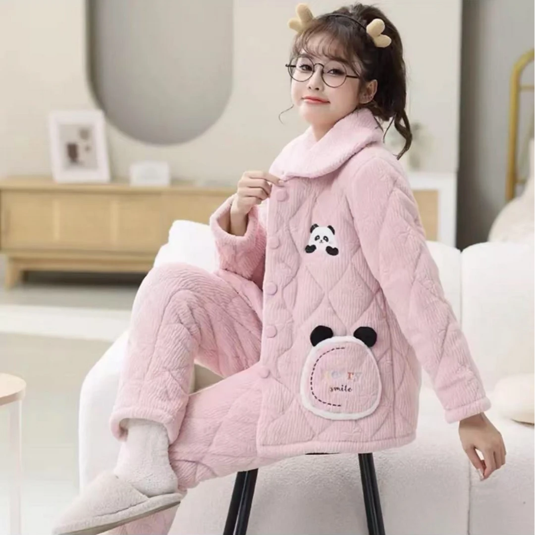 睡衣女秋冬季加厚珊瑚绒三层夹棉2024年新款网红风冬天家居服套装