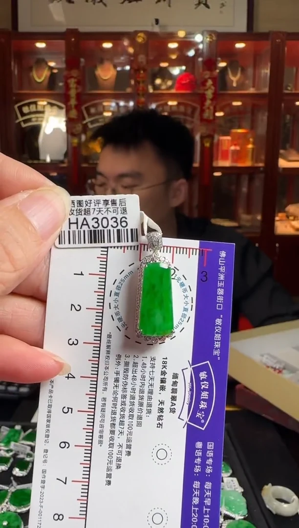 颈饰18K金镶嵌翡翠HA3036绿无事牌