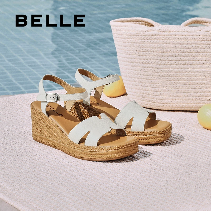 百丽女鞋子度假风坡跟休闲凉鞋新款波西米亚海滩厚底凉鞋B2487BL5