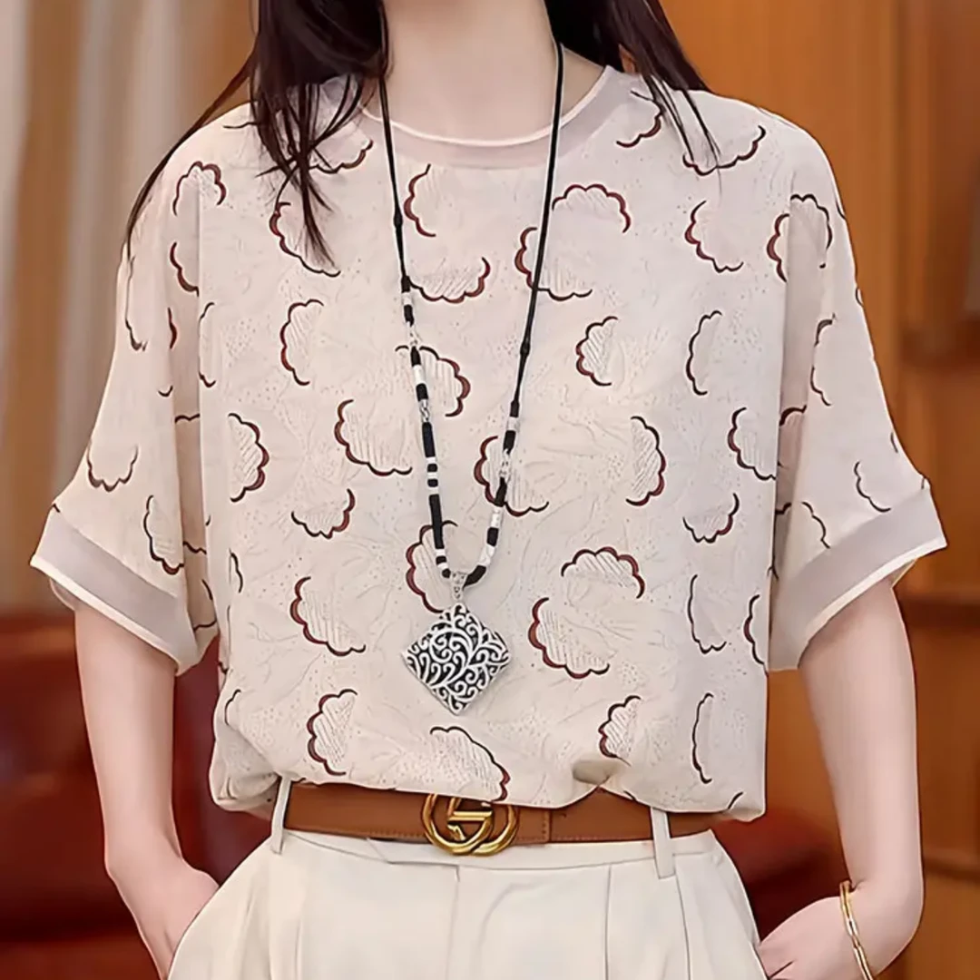 2025春季新款云朵碎花短袖雪纺衫高档t恤大气气质显瘦遮肚子小衫