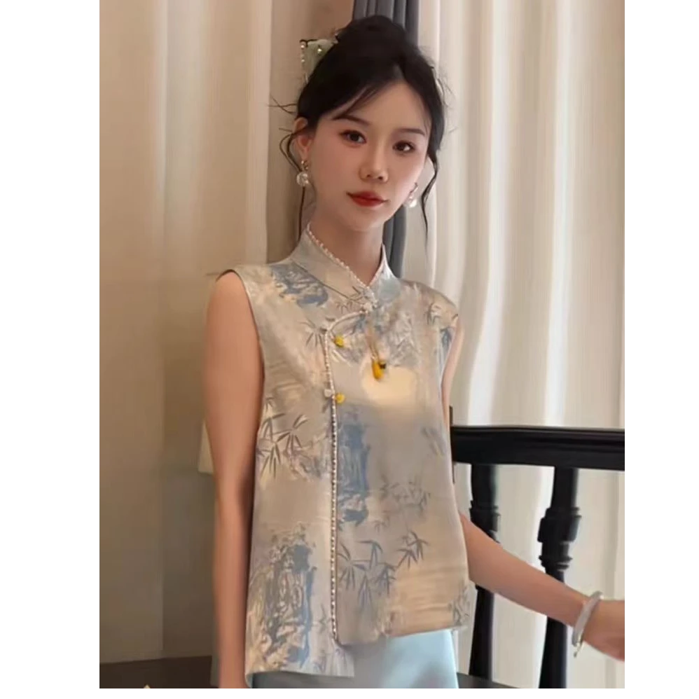 2025夏季新中式国风网红提花气质百搭洋气钉珠时尚上衣马夹女