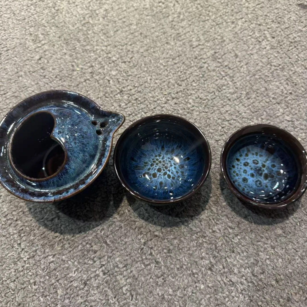 YS482-窑变旅行茶具蓝色黑色麒麟陶瓷纯手工主人杯曜变精美