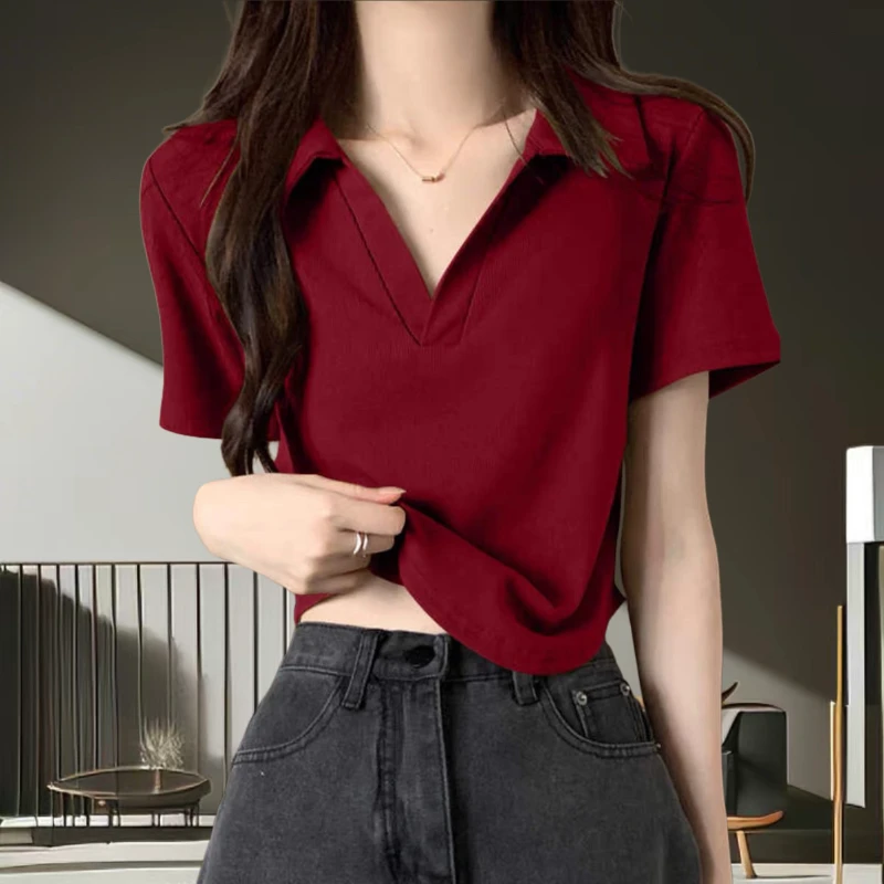 夏季大码显瘦polo翻领短款上衣宽松洋气衣服女短袖T恤