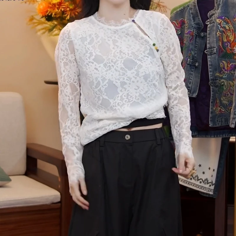 2025早秋法式彩色纽扣斜排扣蕾丝百搭长袖上衣LK2506345