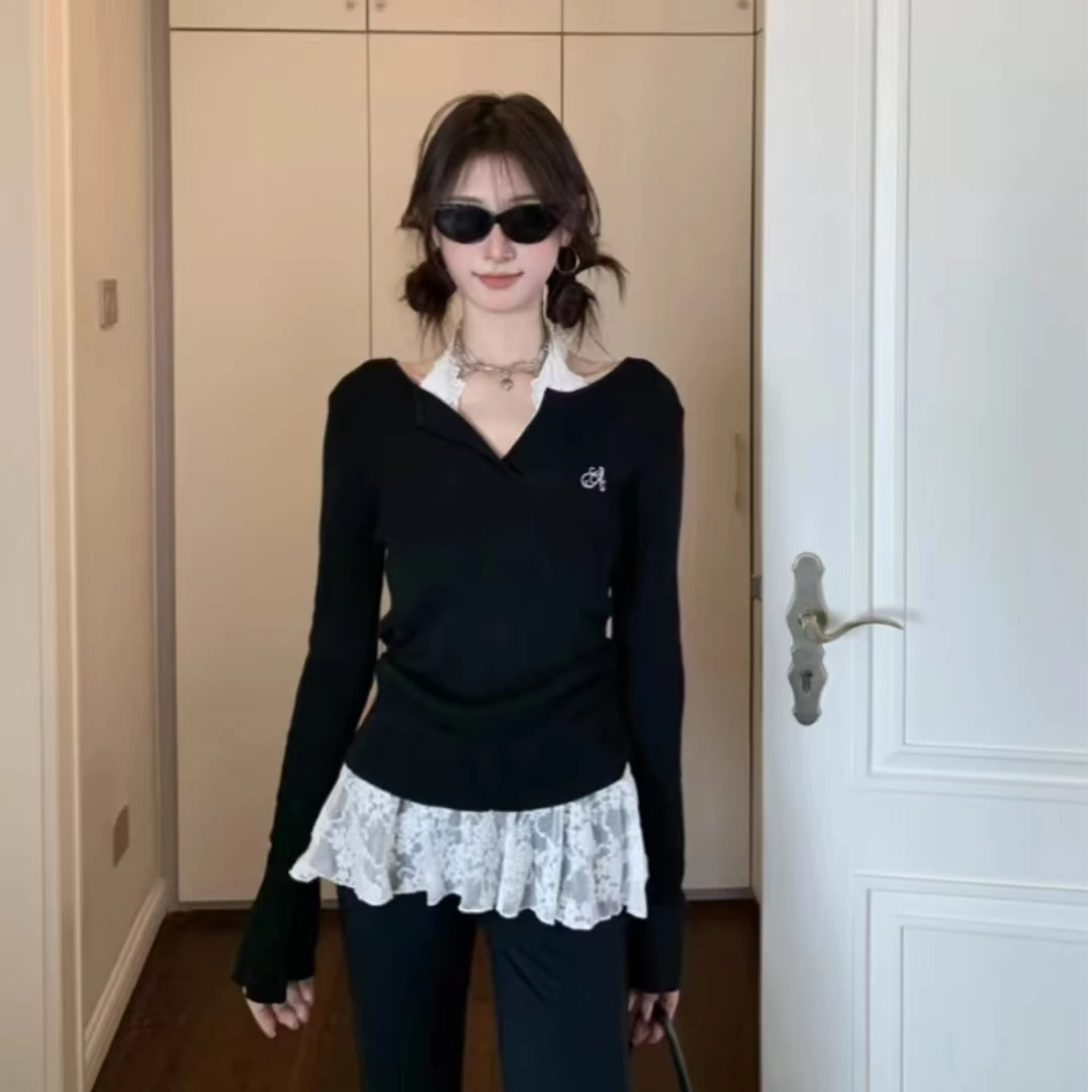 黑白两件套长袖上衣2024新款秋设计感女装通勤V领内搭