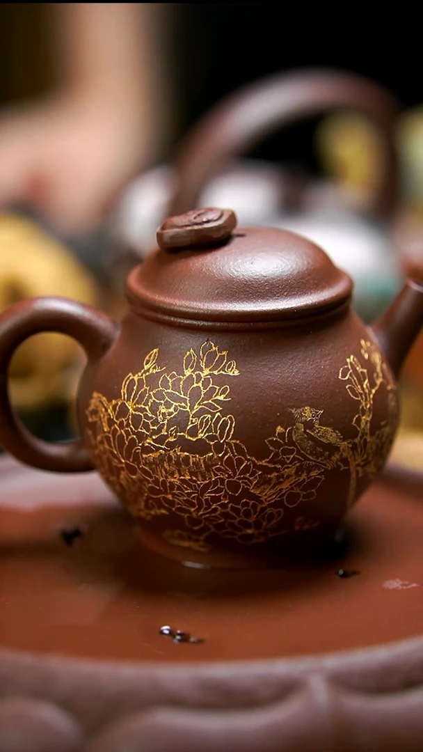 茶壶紫砂紫泥刻绘花鸟壶微瑕