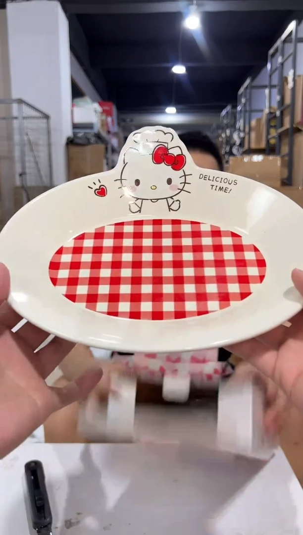 瓷片原盒kt猫红格子餐盘