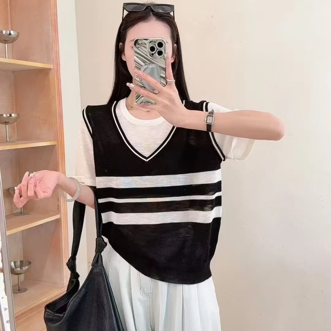 花倾慕韩版假两件针织衫条纹短袖T恤百搭夏季宽松上衣女0820