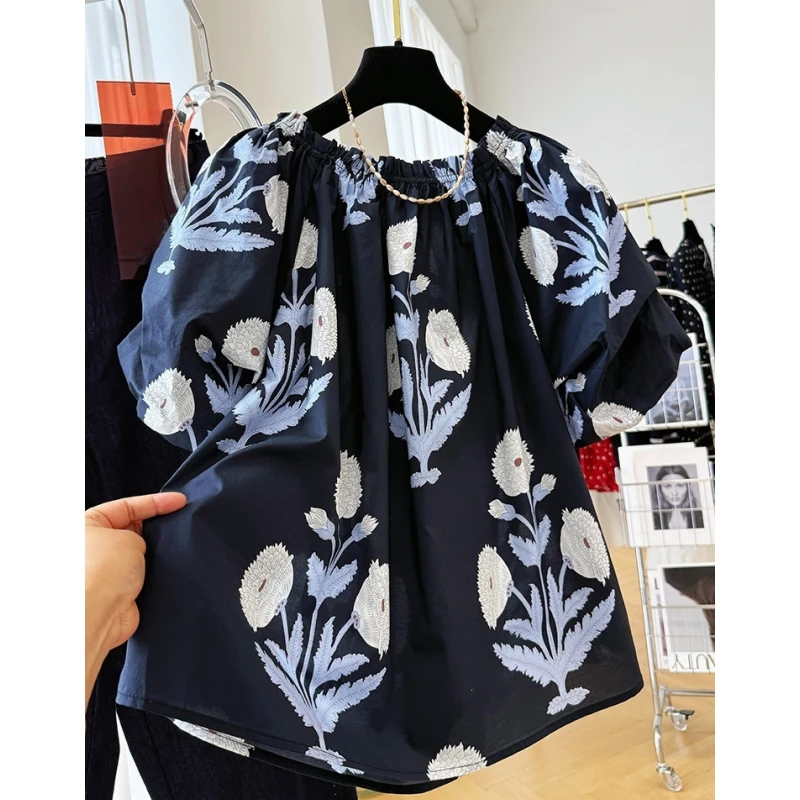 00195轻奢复古印花泡泡短袖绝美很仙一字肩上衣女夏独特漂亮小衫