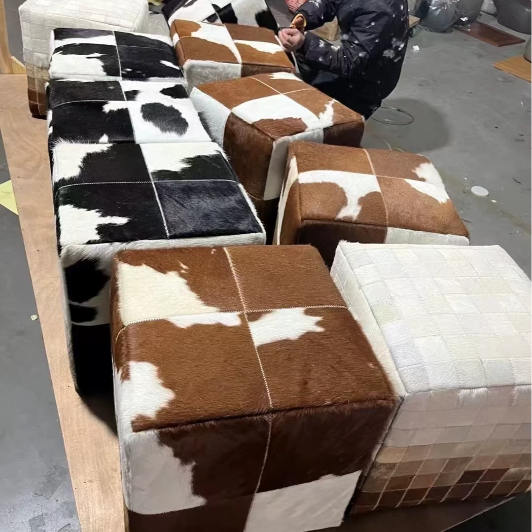 真皮牛皮复古黑白棋盘格凳子松弛感坐墩网红客厅矮凳换鞋凳