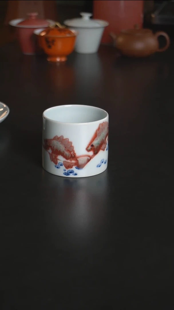 耕隐青花釉里红宽心杯180cc/鱼