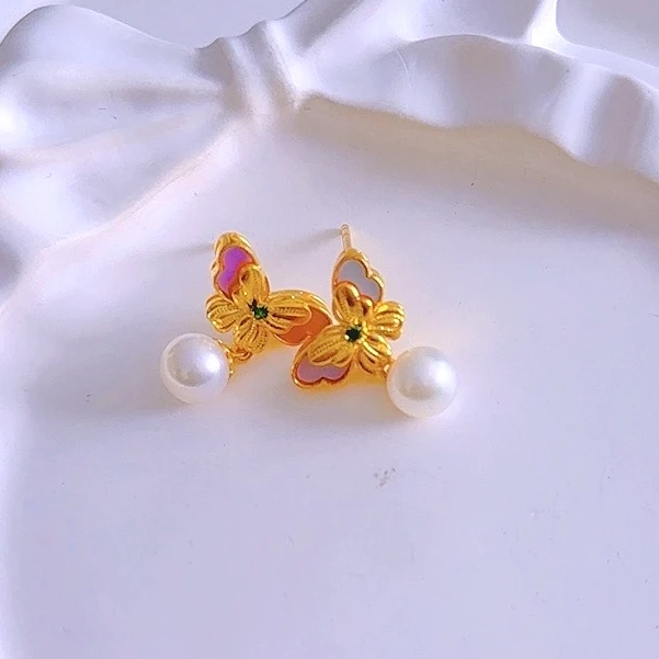 新品福利【赛菲尔精品】足金古法螺钿繁花蝴蝶如意黄金耳钉足金合集