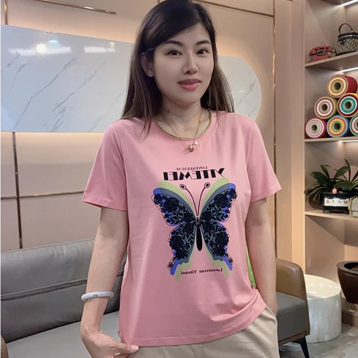怡特美【蝴蝶】夏季凉感兰精莫代尔+棉 喷绘圆领减龄短袖t恤259865