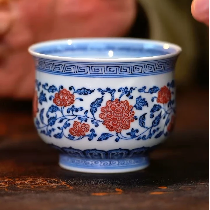 【不晓堂】柴窑釉里红 缠枝莲大炉式杯