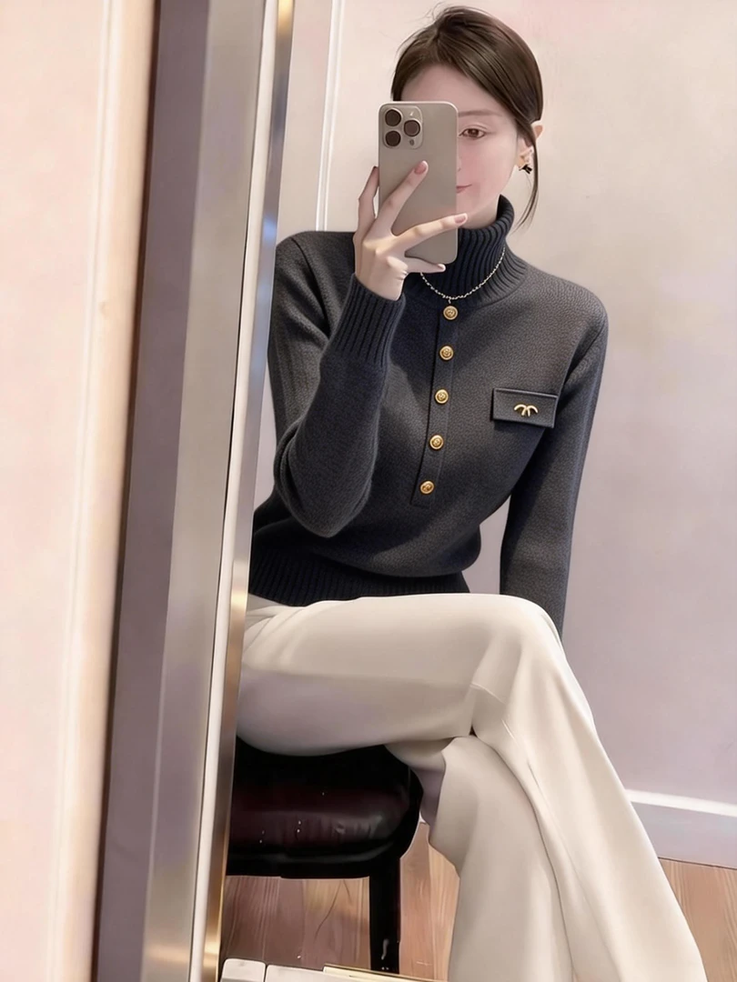 慵懒风设计感长袖针织衫女秋冬新款高领软糯内搭气质显瘦打底毛衣